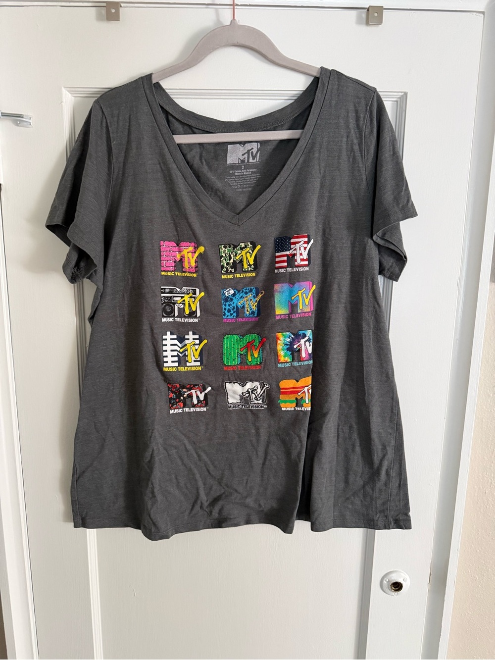 MTV Charcoal V-Neck Short Sleeve Tee with Multicolor Logos